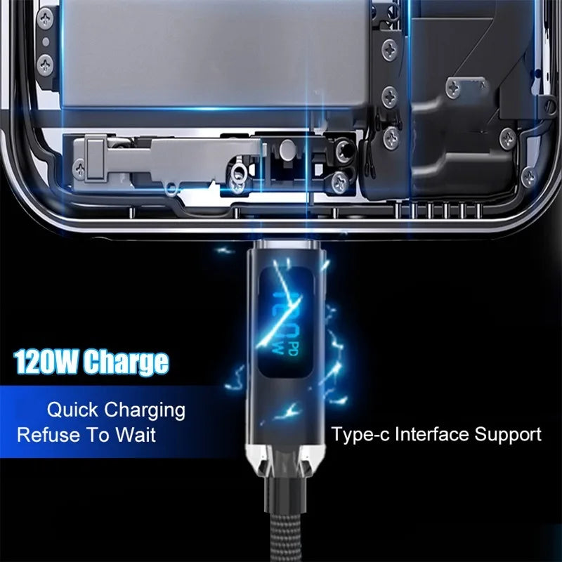 USB Type C Charger Cord 120W High-speed with LED Digital Display