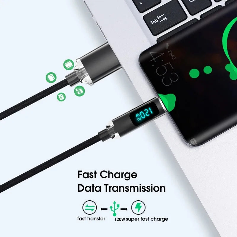USB Type C Charger Cord 120W High-speed with LED Digital Display